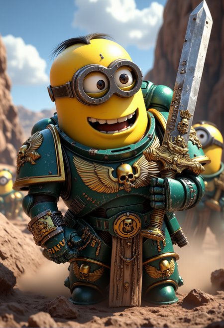 space marine. A tall Minion dressed in power armor in the style of the Ultramarines, with added banana motifs and golden details. The Minion is without a helmet (no helmet:2.0), showcasing their iconic Minion goggles, expressive eyes, and wide smile. The Minion is wielding a power sword with a glowing edge, banana-themed pommel and glowing runes. The Minion is depicted in a scene such as: riding a Space Marine bike, dust trailing behind, while grinning confidently as other Minions follow in similar bikes. The Minion's expression is determined, with goggles slightly askew. The scene should be depicted in a colorful but gritty Warhammer 40k style, with bright yellows and blues to emphasize the Minionsâ classic color scheme. The armor and weapons are detailed with ornate designs, but humor is maintained through Minion-themed accessories and comical touches. Witty details include: a Minion trying to carry a heavy rock with their power fist, visibly straining but refusing to give up. Background elements should resemble classic Warhammer 40k settings but with a humorous Minion twist, such as: a war zone with banana crates mixed among the supply crates, Minions occasionally peeking out. , <lora:sm2.safetensors:1.0:1.0>