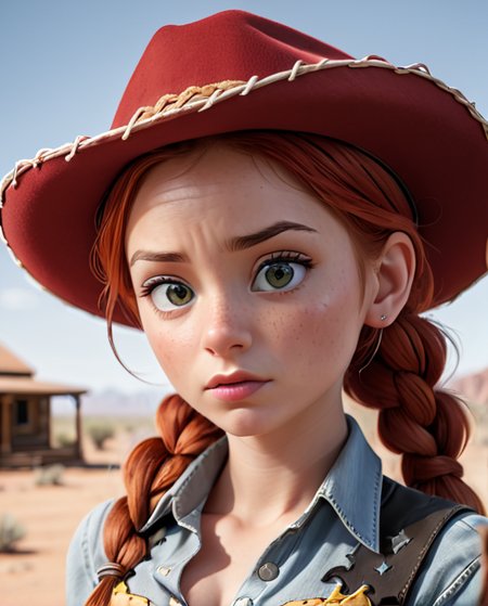 score_9, score_8, score_7, score_6, <lora:Jessie_the_Yodeling_Cowgirl_-_Toy_Story_PonyXL:1> Jes_sie, 1girl, red hair, hat, cowgirl, cleavage, hair in single braid, Upper body photo. 1Female. Beautiful Gorgeous Girl. Clean detailed face. Ripped torn clothes. Cleavage. Highly detailed beautiful expressive eyes. Broken down house. Desert. Barren. Washed out color. Photorealistic, Natural atmospheric lighting, intricate details, 35mm photograph, film, professional, 4k visuals, highly detailed, elegant, studio quality.