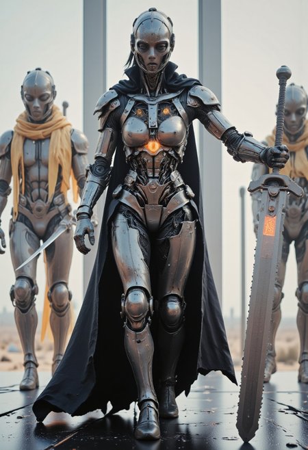 ajchrobo, A detailed frontal portrait of a cybernetic FredFraiStyle knight focusing on the armored torso and shoulders. The upper body is crafted from interlocking plates of brushed titanium, chrome, and rose gold, forming a chiseled and regal silhouette. Holding a giant sword. Heavy mechanical pauldrons sit atop broad shoulders, adorned with etched insignias and precision-cut vents. The chestplate is sculpted with elegant curves and angular seams that follow anatomical contours, enhanced by subtle patina and battle-worn textures. Beneath the armor, transparent metal mesh reveals intricate mechanical ribs and hydraulics, hinting at a powerful inner framework. The entire form radiates strength and nobility, with polished metallic surfaces catching dramatic studio lighting. 