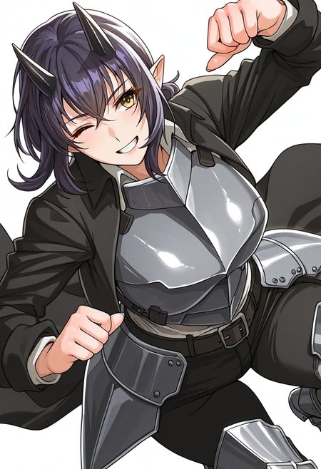 Smooth Quality,masterpiece,very intricate, high quality details, ultra realistic, high detailed skin,detailed enviorement,absurdres,
simple background, white background,  solo,dynamic angle,solo,dancing, 
 <lora:Ozma_CNR:0.8> ozma_cnr,1girl,black hair, purple hair, yellow eyes, pointy ears, horns,large breasts, armor, breastplate,black jacket, shirt, long sleeves,black pants, belt, armored boots,, clenched teeth,, ;d,