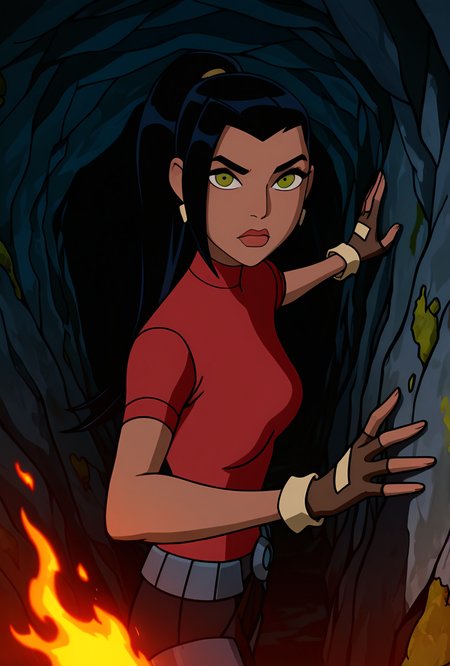 <lora:ovkai-10:1> ovkai, 1girl, long hair, black hair, dark skin, ponytail, earrings, lips, red shirt, short sleeves, turtleneck, fingerless gloves, looking at viewer, cartoon, dynamic pose, action pose, very aesthetic, walking in cave, hand on wall, holding torch, fire, moss, dark,