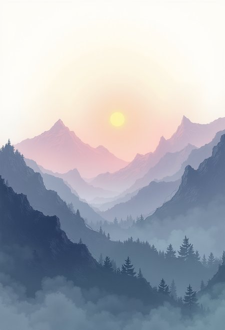 In an expressive minimalistic drawing style, mountain silhouettes stand boldly against an ambient sky. Limited color palette captures sunlights golden glow and moonlights ethereal hues with charcoal greys, soft purples, and splashes of emerald green to portray vegetation. Distinctive lines define rocky terrain while intricate negative spaces suggest craggy peaks reaching into infinite expanse. Each curve and stroke invites introspection into the stillness of natures grandeur. A harmonious balance between simplicity and sophistication creates an immersive experience where tranquility holds sway over this minimalist landscape.