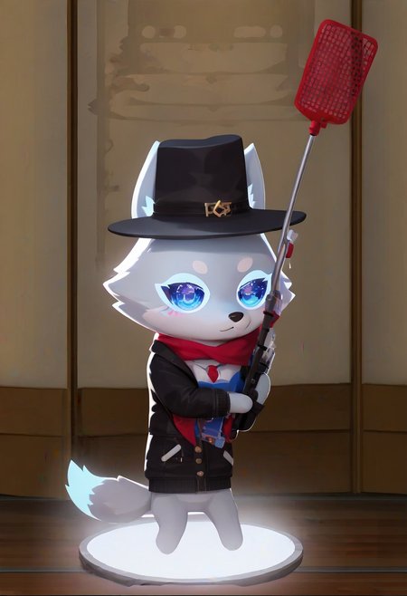 Super Animal Royale, detailxl, score_9, score_8_up, score_7_up, score_6_up, score_5_up,, detailed eyes, detailed face, detailed hands, top down full body view,  NightScapes, arctic wolf, cozy atmosphere, creative light overlay, 4k, masterpiece, (masterpiece), best quality, (4K), (cinematic lighting), highly detailed, 8K, UHD, ultra detailed, immersive picture, vivid colors, volumetric light, cinematic light, extremely detailed CG, fox is wearing a jacket and a hat while holding a flyswatter