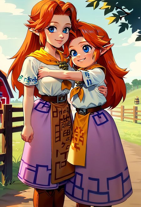 score_9, score_8_up, score_7_up, score_6_up, malon,cremia,2girls,1child,1adult,hugging,duo,malon and cremia hugging,smile,farm,horse pen BREAK 
Malon,child,white shirt,short sleeves,boots,belt,white skirt,long skirt,brown belt,yellow neckerchief BREAK 
Cremia,adult, white shirt,short sleeves,boots,belt,purple skirt,long skirt,brown belt,yellow neckerchief,