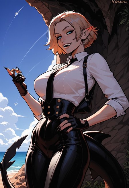 score_9, score_8_up, score_7_up, score_6_up, score_5_up, score_4_up, source_cartoon, rating_explicit, masterpiece, invncbl, absurdres, (high quality), detailed skin, detailed character design, ultra-high resolution, perfectly composed, clear, breathtaking attention to detail, highres, ultra detail, uncensored, detailed background, BREAK, 1girl, 20 age, expressiveh, sporty, big breast, Beige Hair, Very Short Curtain Hair, hair intakes, parted bangs, Blue Eyes, slit pupils, small pointy ears, short ears, thighs, fit body, medium thighs, medium hips, toned, necktie, gloves, suit, fedora, white shirt, black vest, black pants, coat,  sharp claws, ((big black shark tail)), (extremely detailed face and eyes), ocean, brows up, short canine fangs, mouth, horny, outdoors, cave, seductive, looking at viewer, black nails, skindentation, unique angle, unique perspective, dramatic angle,