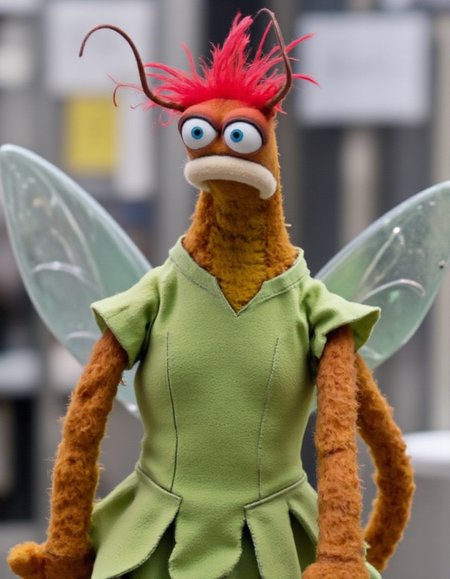 Pepe King Prawn, as TinkerWaifu, fairy wings, blue eyes, green dress, sexy, single hair bun  <lora:pepe-king-prawn:1>   <lora:TinkerBellV2-FLUX:1.4>