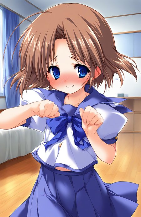 score_9, score_8_up, score_7_up, source_anime, rating_explicit, BREAK   <lora:Shiki_Akimi_Ver2.0_XL:1> ShikiAkimi, brown hair, blue eyes, short hair, short stack,
 solo, school uniform, blue skirt, long skirt, 
room, flooring, curtain, 
full-face blush, embarrassed, motion lines, motion blur, smile, happy,
looking at viewer, 
cowboy_Shot,