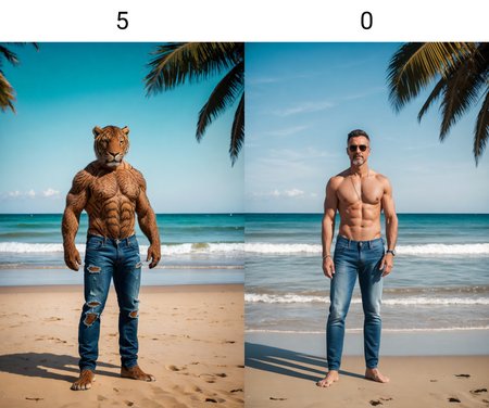 RAW photo, ultrares, man, 8k, 4k, detailed, in beach, topless, standing <lora:tiger_slider_v10:5>, looking at viewer, jeans