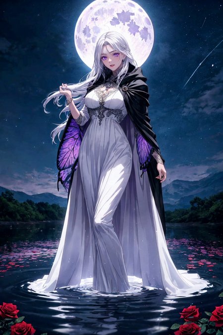 anime screencap, ultra high detail, 1girl, standing on water, confident pose, white dress, purple details, black cloak, long flowing white hair, intricate details, full moon, butterflies, night sky, roses, natural lighting, perfect proportions, realistic hands, vibrant colors
 <lora:add_detail:0.4> <lora:backlight_slider_v10:-1.3>