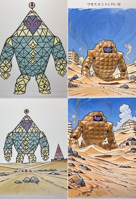 masterpiece, best quality,   solo, outdoors, sky, day, cloud, blue sky, pokemon (creature), no humans, building, rock, sand, desert  ,<lora:Pr0VsN00b:1.0>,