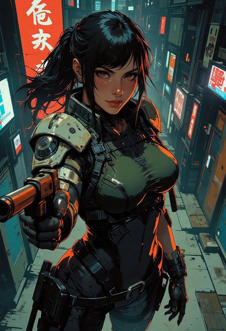 magnificent, closeup portrait, female bounty hunter, braided black hair, two tone hair, highlights in hair, futuristic armor, sci-fi, sleek armored bodysuit, shoulder plates, hip plates, sexy, curvy, large breasts, large ass, Shotgun, aiming shotgun, pointing shotgun, Cyberpunk City, Neon Lights, foreshortening,
looking at viewer, solo, smirk, cocky smirk, 
Cowboy Shot, close up, from above,