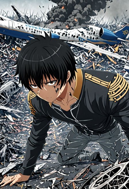 high resolution, solo, best quality, 1Boy, Seiya Kanie, black hair, short hair, dystopia, Plane Crash, OverallDetail