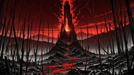 masterpiece, best quality, amazing quality, (no humans:1.1), outdoors, horror, dark fantasy, desolate landscape, (blood-red mist:1.0), (crimson sky:1.0), dead twisted trees, (ominous ruins:1.0), towering jagged rocks, (distant burning horizon:1.0), scattered black crows, fog-covered valley, (monochrome:1.1), red tones, volumetric lighting, intricate details