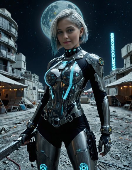 <lora:extremely_detailed:0.4> extremely detailed, <lora:moon_surf4c3_v2:1>,looking at viewer, 
A woman,white hair, standing on the surface of the Moon,moon surf4c3, dressed as a cyberpunk warrior. The woman has short silver hair with subtle neon blue highlights, slightly floating as if in low gravity. She is wearing a sleek, futuristic cyberpunk armor suit made of glossy black metallic plates and synthetic fabric, illuminated by glowing neon blue and purple accents. Her armor includes visible circuits, cables, and a partial exoskeleton on her arms and legs. She wears reinforced boots with miniature thrusters.
Her expression is determined, with a faint hint of battle scars on her face and subtle cybernetic makeup that reflects light. She holds a futuristic energy sword in one hand, the blade glowing with a translucent electric blue aura. On her left wrist, a holographic interface is projected, showing futuristic graphs and symbols.
The surface of the Moon around her is rugged and gray, covered with craters and scattered rocks. In the background, the Earth appears large and vibrant in the sky, showcasing its blue oceans and green continents. The blackness of space surrounds the scene, filled with sparkling stars. Some abandoned robotic structures or antennas are visible in the distance, adding a sense of mystery.
The lighting is a mix of cold silver moonlight and glowing reflections from her armor and weapon, creating a futuristic sci-fi atmosphere. The image is highly detailed and photorealistic, inspired by modern science fiction artwork. The dominant colors are silvery grays, neon blues, purples, and black metallic tones.<lora:SDXLFaeTastic2400:0.4>, Masterpiece,best quality,hi res,8k,hi res,8k,award winning,(sharp focus, intricate, highly detailed),