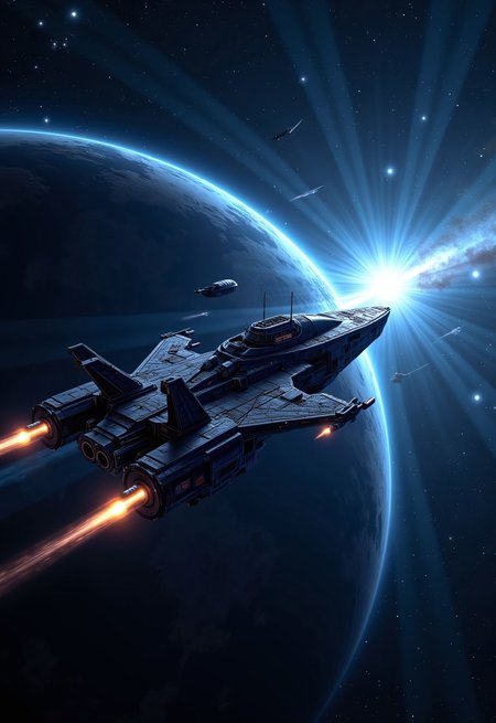 aidmaimageupgrader, a high quality digital image of a metagalactic pirate ship traveling through hyperspace, born of science