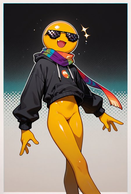 <lora:xmattar-10:1>  xmattar, open mouth, rainbow scarf, , solo, smile, pixel sunglasses, 1boy,black hoodie, yellow skin, circular head, yellow legs, no pants, ((dynamic pose, )), masterpiece, best quality, amazing quality, very aesthetic, absurdres, newest,, upper body, halftone effect, white borders, abstract background:1.2,