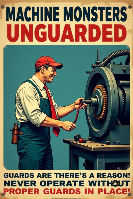 "Vintage safety sign illustration of a worker operating a large, dangerous-looking machine with all the machine guards completely removed or bypassed.  He is happily feeding his tie into moving gears and ignoring exposed blades and belts spinning dangerously close to his hands.  He has a blissful, carefree expression, completely unaware of the imminent danger of entanglement.  The sign text in bold, vintage lettering cries out: 'MACHINE MONSTERS UNGUARDED!  GUARDS ARE THERE FOR A REASON!  NEVER OPERATE WITHOUT PROPER GUARDS IN PLACE!' Render in a stark, slightly unsettling vintage cartoon style, contrasting the worker's oblivious happiness with the clearly dangerous unguarded machinery. Use a color palette that emphasizes the cold, metallic nature of the machinery (greys, blues) and warning reds for danger zones around the unguarded moving parts. Visually stunning vintage cartoon, direct machine guarding safety message, high detail in machine components and the worker's dangerous disregard for safety." <lora:REMEs_War_Poster_Style:0.9> In REME's War Poster Style,âââ