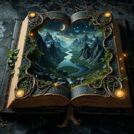 top- down, fantastical and surreal scene, closeup inside of an enormous ancient book standing upright with its pages open revealing a magical portal, portal inside the book pages, Through the portal is a breathtaking landscape unfolds, towering mountains, a cascading waterfall, a serene river winding through lush enchanted forests, The edges of the book are adorned with intricate glowing runes and vines, the book resting on obsidian floor, mystical touch, illuminated by a crescent moon and twinkling stars, dreamlike and otherworldly atmosphere, sense of adventure and wonder, <lora:MJ52:0.5>, <lora:add-detail-xl:1>, <lora:detailed_notrigger:0.7>