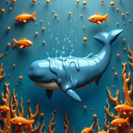 A flying blue whale made of caramel in a sea of caramel. caramel fishes with licorice lasers emerge from it. caraf