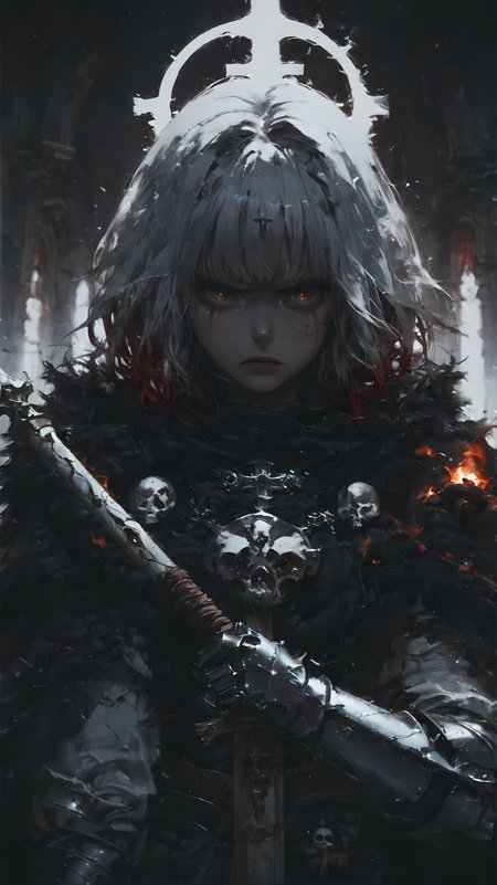 core_9, score_8_up, score_7_up, rating_safe,  dnd. d&d, priest, cleric, 
1girl, silver plate armor, red hair, brown eyes,, starburst eyes, detailed eyes, shattered eyes, short hair, bangs over eyes, bowl cut, small breasts, white cloak, fur cloak, glowing eyes, streaked face, red tears, 
lifted staff, looking down on viewer, (disgusted look:1.5), view from below, leather gloves, 
horror background, skulls, witch, hellfire, wind blown hair, 
<lora:Expressive_H:1> <lora:Vixons Pomy Styles Gothic Neon:.45> <lora:disgusted_face_xl_goofy:1> <lora:HKStyle_V3:1>  <lora:Fant5yP0ny:1>  <lora:HKHorrorXL:1>