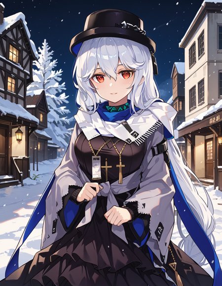 Volumetric Lighting, (masterpiece), (best quality), (ultra-detailed), masterpiece, source_anime, score_9, score_8_up, score_7_up BREAK, illustration, disheveled hair, detailed eyes, perfect composition, moist skin, intricate details BREAK, light depth, dramatic atmospheric lighting, Volumetric Lighting, specter (arknights), very long hair, white hair, red eyes BREAK, Specunder, UC_hat, UC_cross_necklace, UC_dress, UC_scarf, wide sleeves BREAK, outdoor, building, snowy
