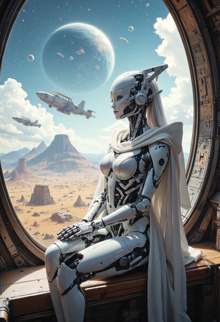 Exotic alien explorer, white armored robot, petite frame, next to window, armor made of smooth crystal bones, looking out spacecraft window down at another world with an extraterrestrial landscape, unreal steppe, wearing white cloak, long white hair, exotic alien exploreration space ships landed in distance, fantasy dream, starry sky with distant large planets, ancient civilization ruins in background, 8k uhd, perfectly balanced, pixar style, abstract multilayer texture, by Jeremy Mann, striking elegant aesthetic ship design, soogsx, cyborg legs, cyborg flat breast, holding futuristic pulse rifle,    <lora:FLUX - DreamArt Style:0.5> <lora:FLUX - Image Upgrader - Detail Maximizer:0.5> <lora:FLUX - ROBOT-V3:0.7> <lora:FLUX  - Meets Midjourney V6.1:0.5> <lora:FLUX - Armat_M41A_Pulse_Rifle_-_Aliens:1.0>