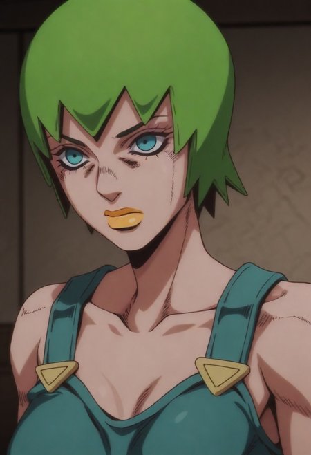 masterpiece, best quality, amazing quality,,, shiny skin,,,,,  (((1girl, solo, FooFighters, Green Hair, Short Hair, Cyan Eyes, Yellow Lipstick, Teal Overalls, Gold Buttons, perfect face, detailed eyes))),