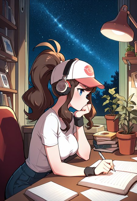 masterpiece, best quality, medium breasts, (curvy),   BREAK, zzHilda, blue eyes, long hair, high ponytail, sidelocks, <lora:HildaPokemonIXL_e08:1.0>,zzLofi, sitting, side view, desk, chair, book, bookshelf, head rest, holding, holding pen, lamp, night, open book, pen, plant, potted plant, sky, star (sky), starry sky, window, windowsill, writing,   ,    <lora:LofiGirl_Style_IXL:1.0>,