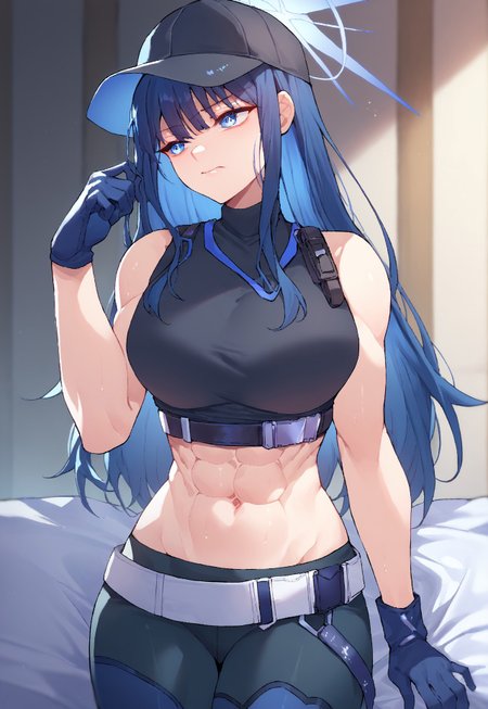 score_9,score_8_up,score_7_up, 1girl, saori joumae, blue eyes, blue hair, halo, long hair, bare arms, bare shoulders, belt, black headwear, black pants, black shirt, blue gloves, crop top, gloves, leggings, midriff, navel, pants, shirt, sleeveless, sleeveless shirt, abs,