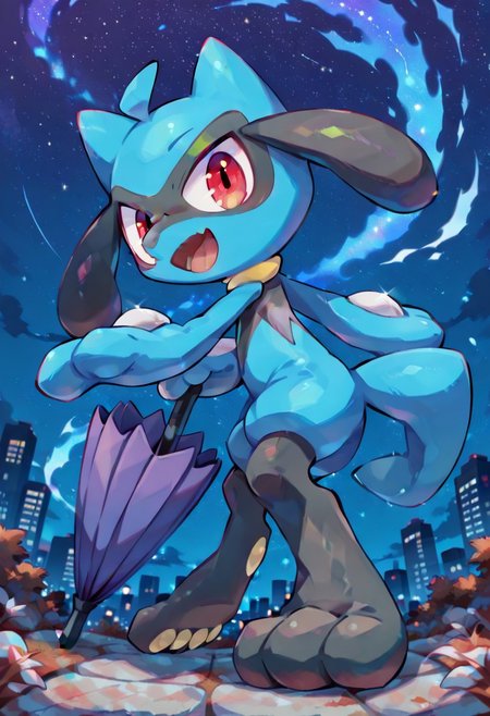 riolu, clothed pokemon, solo, tongue, open mouth, full body, looking at viewer, smile, skin fang, 
masterpiece,best quality,amazing quality, newest, very awa, 
from side,open stance,red eyes,ahoge,streaked hair, ready to draw,purple umbrella,iai,fighting stance,looking at viewer, outdoors,cityscape,night,starry_sky, foreshortening,chromatic aberration, safe