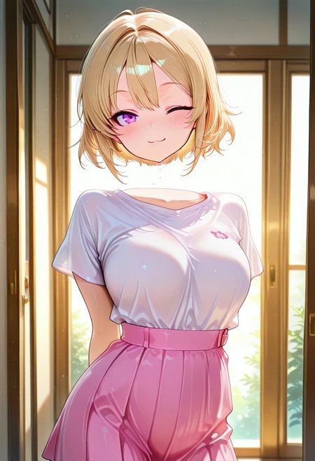 masterpiece, best quality, amazing quality, very aesthetic, high resolution, ultra-detailed, absurdres, newest, volumetric lighting, absolutely eye-catching,
1girl, Kawai Mona, dynamic pose, portrait shot, in front of her home, morning, standing, blonde hair, purple eyes, white shirt, short sleeves, cute pink skirt, looking at viewer, wink, 
disembodied_head_smooth_shoulder