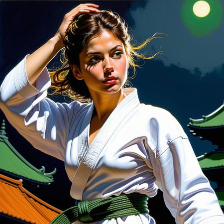 (((jp-j3c))), thick-stroke Oil Painting. ((detailed)), Turning view of (short, stocky girl). (pretty girl), alone on hill-top shrine, Japanese scenery, (poised), twinkling eyes, ((sweaty skin)), ((dimples)). clavicles. upturned torpedo breasts, Navel. Disheveled. ((wide-open high-quality thick white judo top hanging freely loose)). ((One breast totally exposed)). wearing long white Judo pants, Dimly lit from side. Very Dark background. golden hour lighting, (detailed nipples), (((carrying unworn green Judo belt))),