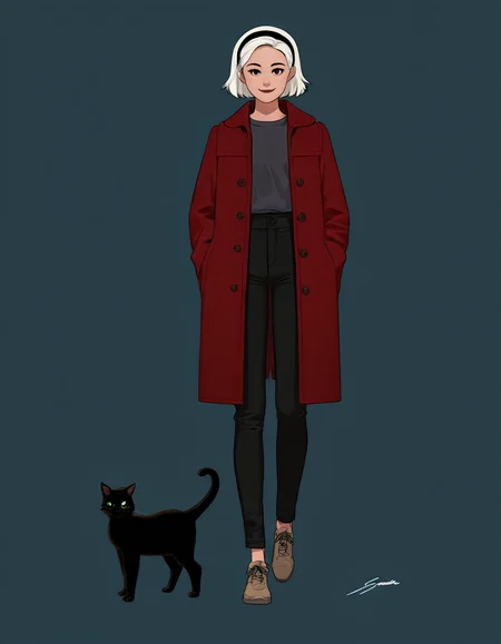 <lora:SabrinaIllustrious1.00JLFO:1> Sabrina, 1girl, cat, black cat, simple background, pants, black pants, shoes, solo, hairband, smile, black hairband, coat, looking at viewer, white hair, animal, short hair, shirt, signature, masterpiece, best quality, amazing quality, very aesthetic, absurdres