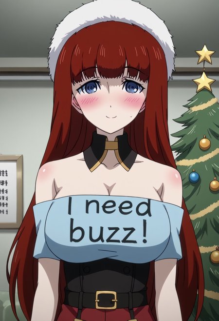 rating_safe, Ultra-high-detailed Anime illustration of Kagari Shiina from Anime Steins;Gate 0. The artwork features Kagari in a solo, face focus, upper body, standing position with a intdoors, indoors, living room with Christmas atmosphere. Gorgeous Christmas tree in background. Night Time..
She is depicted with intricate details showcasing her large breasts, natural_breasts. She is a white skinned, 22 years old woman. Kagari is looking_at_viewer with perfect_eyes, Her pupils are highly detailed. The eyes are open. blue eyes. Kagari's eyes are highlighted. Highlighted eyevrows. 
She has long hair, red colored hair, styled in blunt bangs and floating hair. 
She is wearing a black choker and a Santa dress, strapless crop top, sleevless crop top with bare shoulders.
She is wearing a Santa Hat and red skirt, red pencil skirt with black belt.
The artistic style is intricate_details_xl with a focus on Anime art. The color palette emphasizes red and black with detailed strokes to bring out the character's features. The lighting creates dramatic shadows and highlights, adding depth to the artwork. The perspective is from a face focus, dutch angle to enhance the impact of the character's expression. This masterpiece is a true portrayal of Kagari's complex personality and will captivate any fan of Kagari. uncensored, upper body, blushing, smile, Kagari Shiina, perfecteyes, need_buzz, holding sign with hands, i need buzz
<lora:Steins_Gate:1>