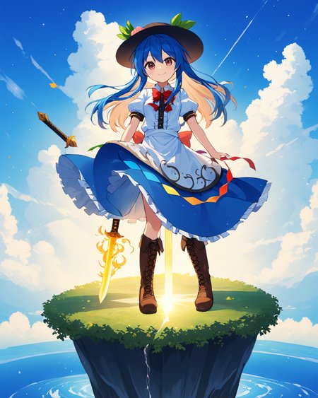 hinanawi tenshi,1girl, solo, brown_footwear, sword_of_hisou, peach, hat, black_headwear, smile, blue_skirt, puffy_short_sleeves, looking_at_viewer, red_bowtie, full_body, floating_island, white_shirt, cloud, lace-up_boots, standing, center_frills, leaf, blue_sky, sword, day, knee_boots, closed_mouth, keystone, layered_dress, outdoors
<lora:hinanawi_tenshi_image10043_2023-12-20:1>,star-shaped_pupils,symbol-shaped_pupils,. gorgeous,key visual, vibrant, studio anime,award-winning, professional, highly detailed,high budget, cinemascope