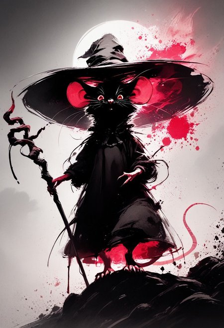 score_9, score_8_up, score_8, (solo), (fluffy:0.8), (feral), outdoors, furry, (((mouse))), female, glowing red eyes, grey fur, black ears, claws, (fluffy cheeks:0.4), witch hat, (black dress), (red glowing magical staff), (cute:0.3), in the style of beatrix potter, cel-shading, monochromemuse, monochrome, greyscale, ink splatter, sky, backlit, dark aura, arkane_dark. dramatic angle