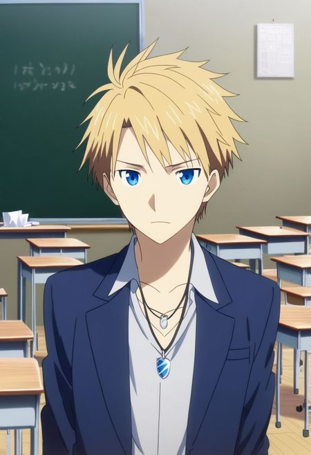 high resolution, professional photography, solo, best quality, 1Boy, Yamato Ishida, Blond Hair, Deep Blue Eyes, Necklace, classroom, school, school uniform, OverallDetail