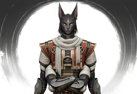 masterpiece, best quality, ultra-detailed, absurdres, TorgalLR, Four arms, 1boy, solo, dark gray fur, feline, armored coat, braided hair, golden eyes, animal ears, white scarf, earring,  abstract background,  standing, chest cutout, upper body, portrait, arms crossed <lora:NOOB_vp1_detailer_by_volnovik_v1:.9>  <lora:Torgal_The_Last_Remnant:1>