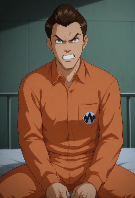 embedding:Illustrious\Positive\IllustriousQual, embedding:Illustrious\Positive\IllusP0s, 1boy, green eyes, brown hair, slicked back hair, orange prison clothes, collared shirt, long sleeves, jail, prison bed, angry expression, clenched teeth, sitting, look at viewer, best quality, high resolution, masterpiece.