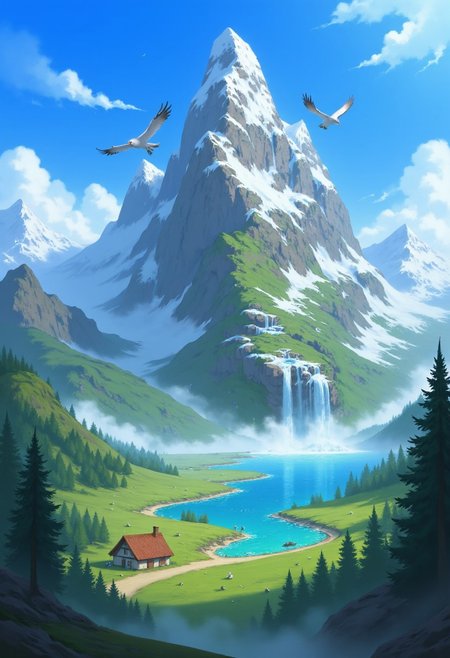 mystical mountain range where each peak is shaped like a mythical creature, dragons, phoenixes, and unicorns forming the mountain shapes, lush valleys dotted with crystal-clear lakes, brilliant blue sky above, clouds swirling around the mountain tops, distant sound of waterfalls echoing through the air, birds calling softly, serene, magical environment filled with a sense of wonder and ancient power,
 aidmaIllustriousStyle