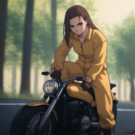score_7_up, score_8_up, score_9 source_cinematic film still of  <lora:Kill Bill style:1>
Cinematic film image of a person in a yellow suit riding a yellow sports motorcycle,1girl, iwakura mika, solo, gloves, riding a motorcycle, motion blur, yellow bodysuit, driving yellow sports motorcycle, yellow jumpsuit ,yellow bodysuit, yellow helmet, (((going fast, speed, turning, leaning, road, badass, serious expression, determined))), front view from below, Kodak film grain, dramatic light, dramatic shadow light, contrast, saturated color, cinematic, filmic, motion picture, realistic, realism, perfection, perfect, deep focus, clean image, full body view, Kill Bill style, Kill Bill Film Style, shallow depth of field, vignette, highly detailed, high budget, bokeh, cinemascope, moody, epic, gorgeous, film grain, grainy