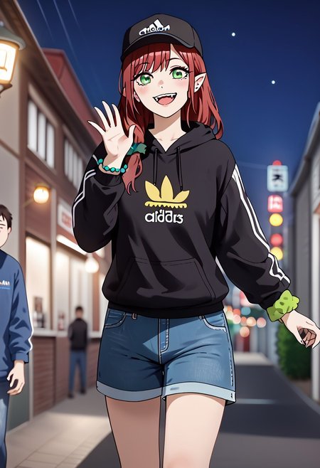 score_9, score_8_up, score_7_up, perfect eyes, partially illuminated, animification, animestyle, Anime_source, (4k), depth of field, (Masterpiece), extremely detailed, tall, long legs, medium breast, bokeh, high resolution, sharp detail, dark red hairs, redhair, dark red hair, <lora:Sono Bisque Doll wa Koi wo Suru - Marin Kitagawa Updated:0.7>, 1girl, fangs, green eyes, hair ornament, hair scrunchie, light blush, long hair, open mouth, smiling, pointy ears, scrunchie, happy, good hands, jeans shorts, leggings, opened black hoodie, baseball hat, top, every day clothing, Adidas Adilette sandals, beautiful feet, perfect feet, perfect toes, beautiful toes, night city background, ((masterpiece)), dynamic pose, (standing), night city, Tokyo city night, city night, BREAK, cowboy shot, dutch angle, looking at viewer, full body, feet,
<lora:add-detail-xl:-1><lora:minami-nanami-s1-ponyxl-lora-nochekaiser:0.8>