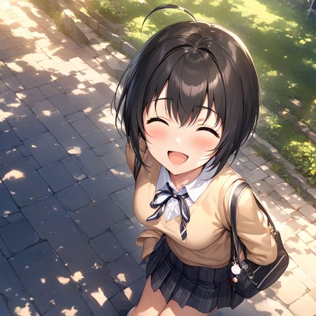 (masterpiece),(best quality),(ultra-detailed),(best illustration),(best shadow),(absurdres),(detailed background),(very aesthetic),miho kohinata, 1girl, ahoge, black hair, solo, closed eyes, smile, short hair, school uniform, sweater vest, skirt, bag, ^ ^, open mouth, bow, :d<lora:Miho_Kohinata:1>