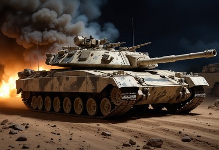 (medium full shot) of (modern light digital-camo tank) with ceramic armor, diesel, low-profile chassis, communication equipment, set in  a contested battlefield, with smoke and fire all around, the tank in the thick of combat, during a nighttime operation, Masterpiece,best quality, photo, realistic, very aesthetic,