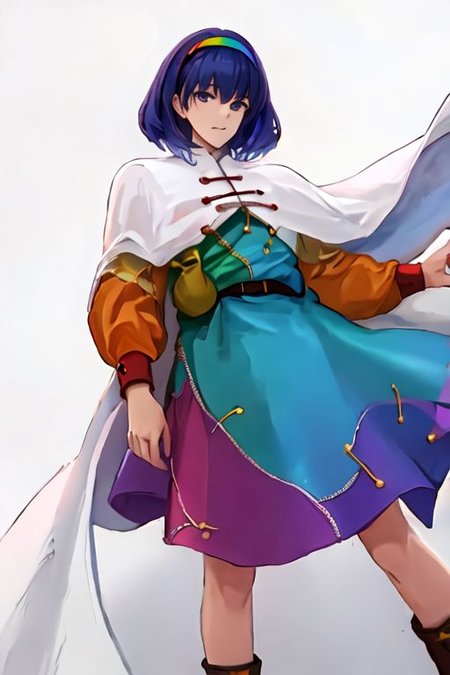 solo_focus, 1girl, ((white background, simple background)):2, (((masterpiece))), ((best quality)), ((ultra-detailed)), high resolution, absurdres, highres, ultra-detailed 8k unity wallpaper, 
Tenkyuu Chimata, multicolored hairband, multicolored dress, zipper lines (clothes), cape, cloud print, brown bag belt, pink boots,