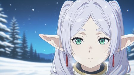 highres, hi res, best quality, masterpiece, 2d, intricate details, 4k, anime coloring, countershading,
1girl, solo, female, eyelashes, nose, white hair, silver hair, pointy ears, twintails, parted bangs, long hair, green eyes, frieren, 
depth of field, steam, steaming body, sky, night, night sky, snow, snowing, snowflakes, field, fir-tree,
<lora:kyoto_animation_ILXL:1>, kyoto animation,