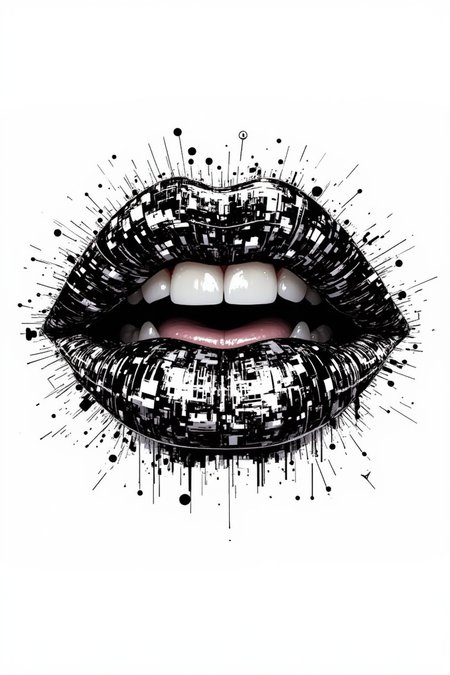 aidmafluxpro1.1.
Silhouette of lips, mouth slightly open with visible teeth, minimalist style, black and white, glitch art in the style of a halftone print artwork