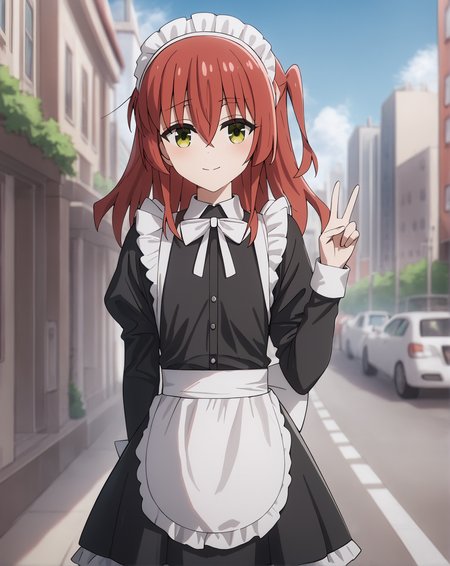 score_9, score_8_up, score_7_up, highres, hi res, best quality, masterpiece, 2d, intricate details, 4k, anime coloring, shadow, uncensored,
1girl, solo, female, long hair, hair between eyes, red hair, one side up, green eyes, yellow eyes,
maid headdress, maid, maid apron, long sleeves, black dress, frills, frilled dress, frilled skirt, frilled sleeves, juliet sleeves, 
looking at another, cowboy shot, peace sign, v, v sign,
outdoors, city, japanese city, depth of field, <lora:Ikuyo_Kita_1024_Pony:1>, kita ikuyo, bocchi the rock!,