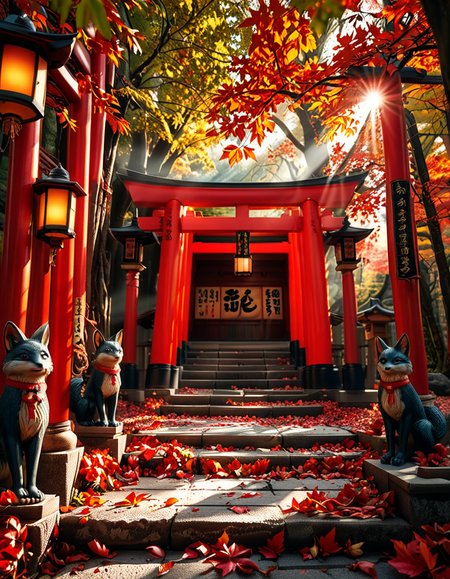 A breathtaking Inari shrine hidden within a serene Japanese forest during autumn. The scene is illuminated by the soft glow of traditional stone lanterns, casting warm golden light on the vibrant red torii gates that form a mesmerizing tunnel leading up the shrineâs stone steps. The ground is covered with delicate fallen maple leaves in shades of crimson, orange, and yellow. Kitsune (fox) statues with intricate details guard the entrance, wearing red bibs symbolizing their sacred role. The shrineâs wooden structure is adorned with ancient calligraphy and shimenawa ropes, exuding a mystical and spiritual atmosphere. Sunlight filters through the dense foliage, creating a tranquil interplay of light and shadow. The air feels crisp and filled with a sense of reverence and peace. The image is captured in a hyper-detailed, photorealistic style, with high dynamic range lighting enhancing the depth and richness of the colors.
<lora:SDXLFaeTastic2400:0.4> <lora:extremely_detailed:0.4> extremely detailed, <lora:Inari_shr1n3:1>,Inari shr1n3, Masterpiece,best quality,hi res,8k,hi res,8k,award winning,(sharp focus, intricate, highly detailed),