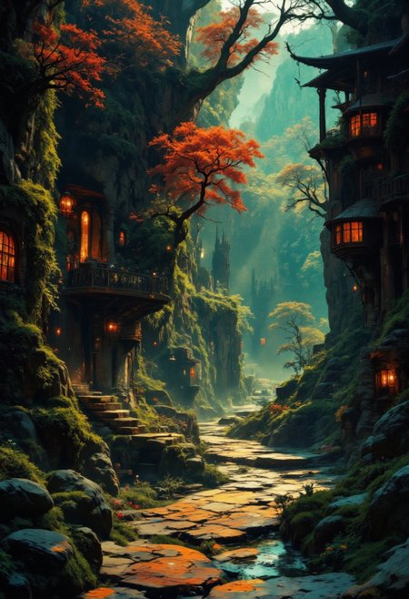 wonderful and mesmerizing scenery on a distant world, very aesthetic, extremely detailed and realistic, professional artwork, 8k, 4k, ultra-high-resolution, fantasy style scenery with art nouveau and elven influences, a tranquil, narrow stone path winding through the woods at sunset, the path leads to one beautiful red tree illuminated by what is left of the sunlight in an otherwise dark forest,  small particles of light are floating and increase the closer the path is to the tree, bioluminescent plants flicker gently among moss-covered rocks, the camera is positioned just above the path level, with a slight upward angle, creating an immersive perspective that draws the eye toward the soft vanishing point beyond the path and to the focus point, rembrandt style lighting enhances contrast between the darkening landscape and the glowing interiors, the interplay of warm artificial lights and cool ambient tones creates a painterly, cinematic tension, soft mist begins to settle in the canyon, diffusing the light from lanterns and casting ghostly reflections on the water, shot on 65mm film with a fine-grain emulsion and soft bloom filter, emphasizing contrast between artificial and natural light, twilight hues rendered with rich saturation and delicate tonal transitions, ovg, artilands02, <lora:style-fantastic_landscapes-v2-flux-by_artifyai:0.8>